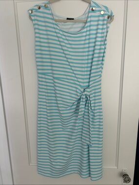 Talbots White and Aqua Striped Sleeveless Dress with Knot Detail